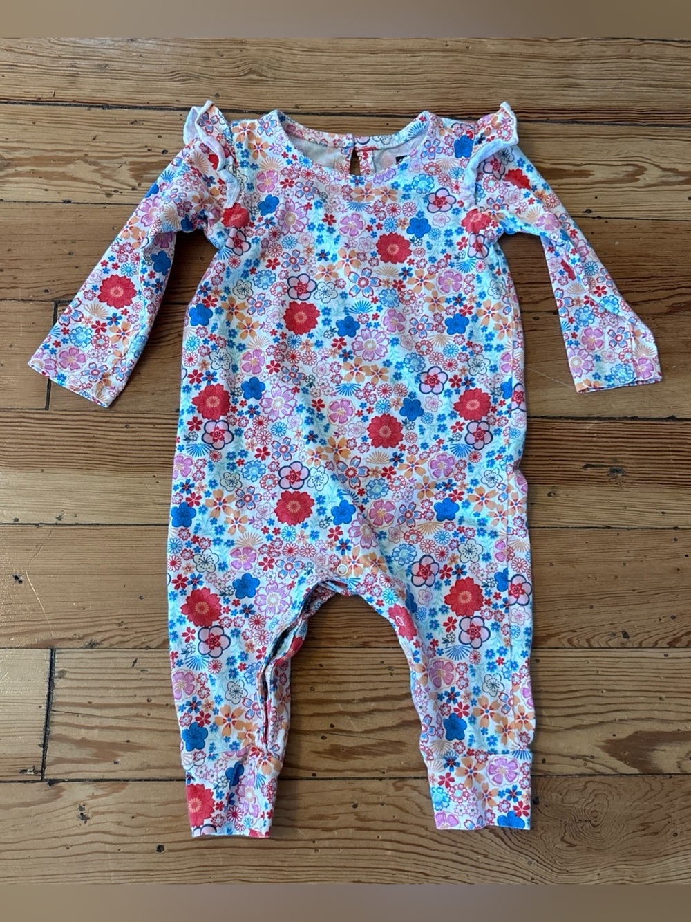 Tea Collection Ruffle Shoulder Baby Romer Ditsy Sakura Floral sz 6-9M